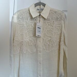 NEW Zara Ivory Linen Shirt with Lace